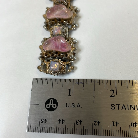 Vintage Book Chain Victorian Revival Pink Glass Brass Bracelet - Picture 8 of 8
